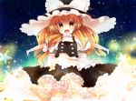  bad_id blonde_hair bow dress frills hair_bow hat hat_bow kirisame_marisa kofa_(ikyurima) open_mouth outstretched_arms solo star touhou witch witch_hat yellow_eyes 