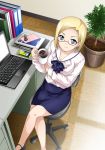  aqua_eyes binder blonde_hair blue_eyes book breasts cat cellphone claudia_madobe cleavage coffee computer crossed_legs cup earrings from_above glasses jewelry laptop legs_crossed microsoft miniskirt office_chair office_lady phone plant red-framed_glasses semi-rimless_glasses shoes sitting skirt smile solo under-rim_glasses windows 