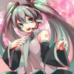  bare_shoulders detached_sleeves green_eyes green_hair hatsune_miku headset long_hair nail_polish necktie open_mouth smile solo tattoo twintails vocaloid yoko_(shiocolor) 
