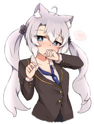  1girl ahoge animal_ear_fluff animal_ears black_jacket black_skirt blazer blue_eyes blue_necktie blush collared_shirt commentary_request covered_mouth grey_hair hair_between_eyes highres jacket long_hair long_sleeves multicolored_hair necktie nose_blush nyaha original pentagram school_uniform shirt sidelocks simple_background skirt solo spoken_blush streaked_hair twintails very_long_hair white_background white_hair white_shirt 