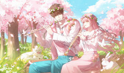  1boy 1girl absurdres bench bird blue_pants blue_sky breasts buttons cherry_blossoms clouds collarbone collared_shirt commentary falling_petals flower flower_wreath flute fox frilled_shirt frills grass green_eyes hair_between_eyes highres holding holding_flute holding_instrument instrument jacket long_hair long_skirt looking_ahead looking_at_another medium_breasts on_bench original outdoors pants parted_lips petals pink_eyes pink_flower pink_rose pink_skirt pink_sweater playing_flute playing_instrument rabbit red_ribbon ribbon rose shirt short_hair sitting skirt sky sleeveless sleeveless_sweater spring_(season) sweater teeth tree unworn_sweater white_shirt yuhaw0v0 