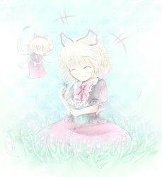  :&lt; blonde_hair bow doll dress flower hair_bow hair_ribbon lily_of_the_valley medicine_melancholy open_mouth ribbon romi short_hair sitting smile solo su-san touhou wings |_| 