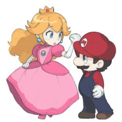  1boy 1girl bbik_gam3 blonde_hair blue_eyes blue_overalls brooch brown_hair brown_shoes buttons commentary_request crown dancing dress earrings elbow_gloves facial_hair gloves gold_crown gown hand_on_own_hip hat holding holding_hands jewelry korean_commentary large_nose leg_up long_hair long_sleeves looking_at_another mario mustache newsboy_cap overalls pink_dress pink_lips pointed_crown princess_peach red_hat red_shirt shirt shoes short_hair simple_background smile sphere_earrings super_mario_bros. white_background white_gloves 