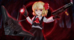  1girl aircraft airplane ascot black_gloves black_hair black_skirt black_vest blonde_hair bow check_vehicle collared_shirt commentary f-117_nighthawk galm_x_lmr_(ryonasa) gloves gun hair_bow highres holding holding_gun holding_weapon open_mouth red_ascot red_background red_bow red_eyes rumia shirt short_hair skirt solo touhou tree vehicle_request vest weapon weapon_request white_shirt 