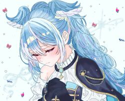 1girl aiguillette aqua_background aqua_eyes black_cape black_gloves black_vest blue_hair blue_wings blush breasts cape closed_mouth commentary double-parted_bangs elira_pendora emoji ewiluv facing_down feathered_wings gloves gold_trim hair_between_eyes half-closed_eyes hand_on_own_chest head_wings heterochromia high_collar highres idol_clothes long_hair long_sleeves looking_down medium_breasts multicolored_hair nijisanji nijisanji_en nijisanji_idol_uniform off-shoulder_shirt off_shoulder official_alternate_costume official_alternate_hairstyle own_hands_together pink_eyes pink_streaks ponytail portrait rope shirt side_cape sidelocks single_bare_shoulder solo sparkle star_(symbol) streaked_hair two-tone_hair two-tone_wings untranslatable_commentary vest virtual_youtuber wavy_hair white_hair white_shirt white_wings wings 