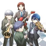  arisato_minato blue_eyes blue_hair brown_eyes brown_hair checkered checkered_floor dress_shirt grey_eyes guitar headphones headphones_around_neck highres instrument microphone multiple_boys narukami_yuu necktie persona persona_1 persona_2 persona_3 persona_4 school_uniform shirt silver_hair suou_tatsuya t0kiwa toudou_naoya trumpet violin 