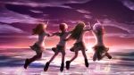  aizawa_natsumi blonde_hair cloud clouds green_hair hanaki_yuka horizon jumping long_hair mizukoshi_saki multiple_girls natsuiro_kiseki orange_(meitoku) orange_hair pink_hair school_uniform short_hair skirt sky socks splash splashing sunset tamaki_rinko water 