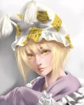  blonde_hair eyelashes frills gradient gradient_background hands_in_sleeves hat hat_with_ears light_smile lips looking_at_viewer nose ofuda parted_lips realistic short_hair solo sukizo suziko tassel touhou yakumo_ran yellow_eyes 