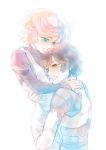  1girl audrey_burne baku_(pixiv6973) banagher_links blue_eyes brown_eyes brown_hair couple gundam gundam_unicorn highres hug orange_hair short_hair 