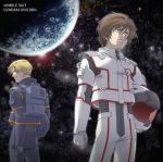  banagher_links blonde_hair blue_eyes brown_eyes brown_hair earth gundam gundam_unicorn headwear_removed helmet helmet_removed multiple_boys pilot_suit redpipin riddhe_marcenas space spoilers yellow_eyes 