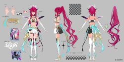  1girl aqua_bow asymmetrical_wings back_bow bandeau belt black_choker black_horns black_skirt blue_eyes boots bow breast_strap breasts checkered_clothes checkered_skirt choker clothes_writing commentary_request copyright_notice crystal_wings detached_wings double_halo earrings elbow_gloves english_commentary gloves grey_background halo heterochromia high_ponytail hololive hololive_english horns irys_(hololive) irys_(race_queenrys)_(hololive) jewelry long_hair medium_breasts miniskirt mixed-language_commentary multicolored_skirt multiple_views navel necklace official_alternate_costume official_alternate_hairstyle official_art pink_eyes pisuke_wan pleated_skirt pointing_out_the_details pointy_ears ponytail purple_hair reference_sheet second-party_source shorts shorts_under_skirt side_slit sidelocks simple_background skirt star-shaped_pupils star_(symbol) star_halo stomach symbol-shaped_pupils thigh_boots thigh_strap turnaround very_long_hair virtual_youtuber waist_bow white_bandeau white_belt white_boots white_gloves white_skirt wings 