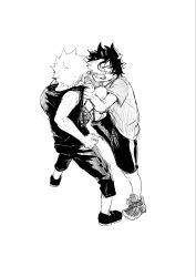  2boys arms_up bakugou_katsuki bare_shoulders boku_no_hero_academia clenched_teeth clothes_grab eye_contact fighting freckles grabbing_another's_shirt greyscale hand_on_another's_face highres looking_at_another male_focus midoriya_izuku monochrome multiple_boys pants shirt shoes short_hair short_sleeves shorts simple_background sleeveless sleeveless_shirt spiky_hair standing striped_clothes striped_shorts t-shirt teeth ukiruki_895 vertical-striped_clothes vertical-striped_shorts white_background 