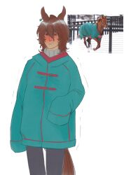 11gowon 1girl agnes_tachyon_(racehorse) agnes_tachyon_(umamusume) ahoge animal_ear_piercing animal_ears aqua_coat black_pantyhose brown_hair chemical_structure coat cold commentary earrings ears_back fluffy_hair freckles frostbite grey_sweater hair_between_eyes highres horse_ears horse_girl horse_tail jewelry medium_hair narrowed_eyes no_pupils pantyhose photo-referenced photo_inset red_eyes shaded_face simple_background single_earring sleeves_past_fingers sleeves_past_wrists sweater tail trembling turtleneck turtleneck_sweater umamusume untranslatable_commentary wavy_mouth white_background winter winter_clothes winter_coat 