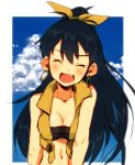  beyond_the_vibes black_hair blush breasts cleavage closed_eyes earrings eyes_closed fang ganaha_hibiki hoop_earrings idolmaster jewelry long_hair midriff navel open_mouth ponytail s.o_chin smile solo vest 
