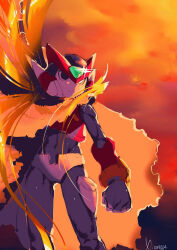  1boy android black_eyes blonde_hair brown_cloak cloak closed_mouth commentary forehead_jewel hair_flowing_over highres holding long_hair looking_ahead male_focus mega_man_(series) mega_man_zero_(series) mega_man_zero_2 red_sky shyu_1014 sky solo twitter_username zero(z)_(mega_man) zero_(mega_man) 