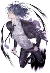  1boy black_hair black_jacket black_necktie black_pants black_shoes black_suit chamuring commentary_request dress_shirt dress_shoes hand_in_pocket jacket korean_commentary male_focus midair necktie official_art pants seon-woo_eden shirt shirt_tucked_in shoes short_hair simple_background solo special_civil_servant suit suit_pants white_background 
