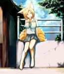  alternate_costume animal_ears barefoot blonde_hair breasts contemporary dearmybrothers fox_ears fox_tail highres large_breasts legs miniskirt mouth_hold multiple_tails outside popsicle school_uniform sitting skirt solo tail touhou tree yakumo_ran yellow_eyes 