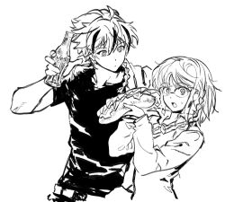  1boy 1girl bottle braid fate/strange_fake fate_(series) food glass glass_bottle greyscale holding holding_bottle holding_food hot_dog looking_at_another looking_at_viewer meganebeeam monochrome multicolored_hair richard_i_(fate) sajou_ayaka_(fate/strange_fake) shirt simple_background single_braid small_sweatdrop streaked_hair t-shirt upper_body white_background 