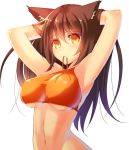  adjusting_hair animal_ears armpits arms_up blush breasts brown_hair cat_ears crop_top ktsis large_breasts long_hair midriff mouth_hold navel orange_eyes original ribbon sideboob solo taut_shirt underboob yellow_eyes 