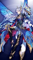  1boy arm_up black_boots blue_coat blue_eyes blue_hair blue_wings boots coat fairy_wings game_asset gem gold_trim grimms_notes hair_ornament high_heels jewelry kyoka_hatori leg_up long_hair looking_at_viewer male_focus non-web_source oberon_(grimms_notes) oberon_(tenkuu)_(grimms_notes) official_art outstretched_arm pants pointy_ears red_gem smile solo teeth thigh_boots v-shaped_eyebrows wings 