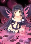  antenna_hair arita_haruyuki black_hair blush breasts brown_eyes butterfly butterfly_wings duji_amo elbow_gloves flower garters gloves headband highres kuroyukihime lily_pad long_hair looking_at_viewer navel pig pointing smile thigh-highs thighhighs title_drop water wet wet_clothes wings yellow_eyes 
