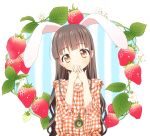  animal_ears bunny_ears copyright_request covering_mouth food fruit long_hair looking_at_viewer mucha piyodera_mucha plaid rabbit_ears solo strawberry very_long_hair 