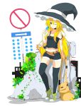  alternate_costume bag bare_shoulders belt black_legwear blonde_hair brown_eyes haseneko hat kirisame_marisa long_hair navel popsicle road_sign shoes shorts sign sneakers solo strap_slip thigh-highs thighhighs touhou wink witch witch_hat 