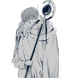  1boy 1girl blood blush cape cloak closed_mouth couple dirty dirty_clothes dirty_face dress frieren greyscale hair_over_eyes hand_on_another's_head hetero highres himmel_(sousou_no_frieren) holding holding_staff hood hooded_cloak hug long_hair long_sleeves mage_staff monochrome pointy_ears simple_background sousou_no_frieren staff white_background yui_skyprism 