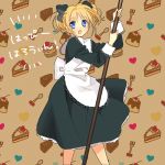  blonde_hair blue_eyes cake copyright_request food fork highres mucha open_mouth piyodera_mucha solo spoon translated 