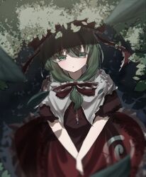  1girl dress from_above front_ponytail green_eyes green_hair hair_ribbon highres kagiyama_hina long_hair looking_at_viewer own_hands_together red_dress ribbon shadow short_sleeves solo stk_(satsuki) sunlight touhou 