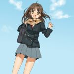  brown_hair copyright_request highres long_hair mucha open_mouth piyodera_mucha simple_background skirt sky smile solo 