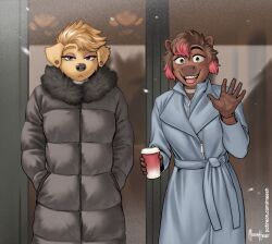  2girls animal_ear_piercing animal_ears artist_name bathrobe black_jacket blonde_hair blue_bathrobe blue_robe brown_fur brown_hair clara_(meesh) cup disposable_cup dog_ears dog_girl down_jacket ears_down furry furry_female hands_in_pockets holding holding_cup jacket jasmine_(meesh) looking_at_viewer meesh_(mushymeesh) multicolored_hair multiple_girls open_mouth original patreon_username pink_streaks robe streaked_hair teeth upper_teeth_only waving web_address yellow_fur 