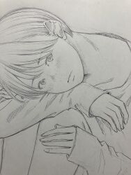  1girl androgynous arm_on_knee arm_pillow closed_mouth commentary_request expressionless feet_out_of_frame greyscale hand_on_own_leg highres knees_up long_sleeves looking_at_viewer monochrome original pen_(medium) photo_(medium) shirt short_hair sitting sketch sleeves_past_wrists solo swept_bangs traditional_media very_short_hair yoshimizm 