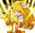  1girl blonde_hair blush blush_stickers creature cure_peace electricity head_wings kayama_kenji kise_yayoi magical_girl open_mouth pikachu pokemon pokemon_(creature) power_connection precure revision smile smile_precure! tail tiara wink wrist_cuffs yellow yellow_eyes 