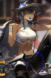 1girl ace_(playing_card) ace_of_spades black_hair breasts card card_in_mouth cero_rains colt_walker_(girls'_frontline) cowboy_hat crop_top dark-skinned_female dark_skin dice girls_frontline green_eyes hair_over_one_eye hat jack_daniel's midriff mouth_hold navel playing_card poker_chip spade_(shape)