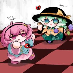  2girls black_hairband black_hat blue_shirt bow buttons checkered_floor chibi chibi_only collared_shirt diamond_button disembodied_eye eyeball floral_print flower frilled_shirt_collar frilled_sleeves frills green_eyes green_hair green_skirt hair_ornament hairband hat hat_bow heart heart_button heart_hair_ornament heripantomorrow holding holding_flower komeiji_koishi komeiji_satori long_hair long_sleeves multiple_girls open_mouth pink_eyes pink_hair pink_skirt pink_slippers print_skirt ribbon-trimmed_collar ribbon_trim rose_print shirt skirt slippers smile snail touhou translation_request wide_sleeves yellow_bow yellow_shirt 