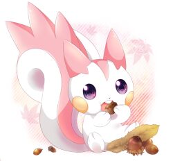  acorn alternate_color autumn_leaves commentary_request holding leaf no_humans no_sclera open_mouth pachirisu pokemon pokemon_(creature) pokemon_focus shiny_pokemon sitting solo squirrel squirrel_417 violet_eyes 