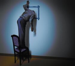  1other ambiguous_gender backrooms_(2026_film) black_pants chair hand_up head_out_of_frame highres indoors long_sleeves on_chair pants shirt solo standing standing_on_chair tape through_portal white_shirt 
