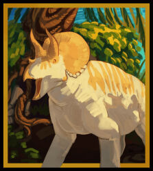  animal_focus colored_skin dinosaur highres horns multicolored_skin no_humans open_mouth original solo triceratops two-tone_skin white_skin wind-tied yellow_skin 