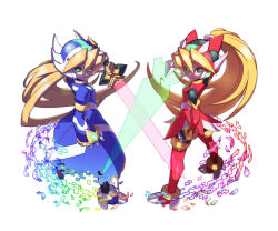  blue_dress blue_helmet bodysuit cial_(mega_man) ciel_(mega_man) digital_dissolve dress energy_sword helmet mega_man_(series) mega_man_zero_(series) red_dress red_helmet sword tonami_kanji weapon 