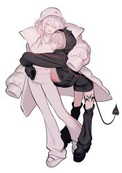 2girls :d absurdres alternate_costume black_hoodie black_skirt brown_hair closed_eyes commentary_request cropped_shirt demon_tail down_jacket dt_777_tb fake_horns full_body gradient_hair grin hair_bun hair_intakes hat high-waist_skirt highres hood hood_up hoodie horns hug jacket leg_tattoo leg_warmers long_hair looking_at_another makaino_ririmu midriff multicolored_hair multiple_girls navel nijisanji pants pink_eyes pink_hair platform_shoes shiina_yuika shirt shoes simple_background single_hair_bun skirt sleeves_past_fingers sleeves_past_wrists smile standing tail tattoo virtual_youtuber white_background white_hair winged_heart winged_heart_tattoo 