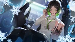  1girl arthropod_girl arthropod_limbs black_nails breasts brown_hair can canned_coffee colored_sclera drink_can green_eyes green_hair grey_sclera highres indie_virtual_youtuber jewelry lab_coat lanyard large_breasts long_sleeves looking_at_viewer mikami_michael monster_girl necklace open_mouth pincers radia_active scorpion_girl scorpion_tail short_hair sitting snowflakes solo sweater tail virtual_youtuber white_sweater 