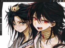  2boys art_program_in_frame black_hair blue_eyes blue_hair blush braid braided_ponytail highres hj2i23 jewelry judal long_hair looking_at_viewer magi_the_labyrinth_of_magic male_focus medium_hair mole mole_under_mouth multiple_boys neck_ring open_mouth red_eyes ren_hakuryuu scar scar_across_eye scar_on_face simple_background single_braid smile white_background xiao_guan_(headdress) 
