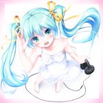  aqua_eyes aqua_hair aruciii barefoot blurry blush character_name depth_of_field dress from_above hair_ribbon hatsune_miku headphones long_hair open_mouth ribbon solo strap_slip twintails very_long_hair vocaloid 