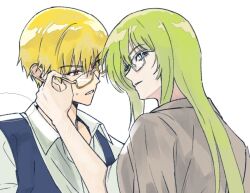  1other androgynous blonde_hair en_a_godot enkidu_(fate) fate/strange_fake fate_(series) gilgamesh_(fate) glasses green_eyes green_hair long_hair other_with_male round_eyewear vest 