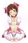  ;d amami_haruka blush bow brown_hair cosplay gloves green_eyes hair_bow highres idolmaster kaname_madoka kaname_madoka_(cosplay) mahou_shoujo_madoka_magica open_mouth short_hair smile solo wink yokke 