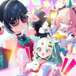  ! !! 3girls adjusting_eyewear akaika_(aka) aqua_streaks aria_(human)_(zenless_zone_zero) aria_(zenless_zone_zero) arm_warmers bare_shoulders black_bow black_choker black_hair blue_eyes blush bow bowtie choker closed_mouth collarbone colored_inner_hair commentary_request detached_sleeves dress earrings fingerless_gloves fur-trimmed_sleeves fur_trim gloves green_bow green_bowtie green_eyes green_hair green_nails hair_bow hair_ornament hairclip highres holding jewelry looking_at_viewer multicolored_hair multiple_girls multiple_hair_bows multiple_hairclips musical_note_earrings nangong_yu necktie one_eye_closed open_mouth pink_arm_warmers pink_gloves pink_hair red_necktie shirt streaked_hair striped_arm_warmers sunglasses sunna_(zenless_zone_zero) sweatdrop upper_body white_dress white_shirt white_wings wings zenless_zone_zero 