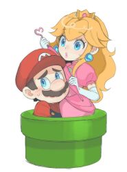  1boy 1girl arms_at_sides bbik_gam3 blonde_hair blue_eyes blue_overalls blush brooch brown_hair buttons clothes_writing commentary_request crown dress earrings elbow_gloves facial_hair gloves gold_crown gown hat holding holding_umbrella jewelry jumping korean_commentary large_nose leg_up long_hair long_sleeves looking_at_viewer male_focus mario mustache newsboy_cap overalls pink_dress pink_lips pink_umbrella pointed_crown princess_peach red_hat red_shirt shirt shoes short_hair simple_background smile solo sphere_earrings super_mario_bros. the_super_mario_galaxy_movie umbrella warp_pipe white_background white_gloves 