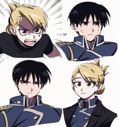  1boy 1girl anger_vein black_hair black_jacket black_shirt blonde_hair blush closed_mouth commentary_request frown fullmetal_alchemist gloves hair_between_eyes highres hongdr15 hug injury jacket korean_commentary looking_at_another medium_hair military_uniform multiple_expressions open_mouth riza_hawkeye roy_mustang scratches serious shirt short_hair smile sweatdrop teeth white_background worried yellow_eyes 
