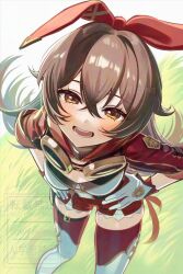  1girl amber_(genshin_impact) blush breasts brown_eyes brown_hair commentary_request genshin_impact goggles goggles_around_neck grass hair_between_eyes hair_ribbon long_hair multicolored_thighhighs narahazime open_mouth red_ribbon red_shorts red_thighhighs ribbon shorts solo thigh-highs white_thighhighs 